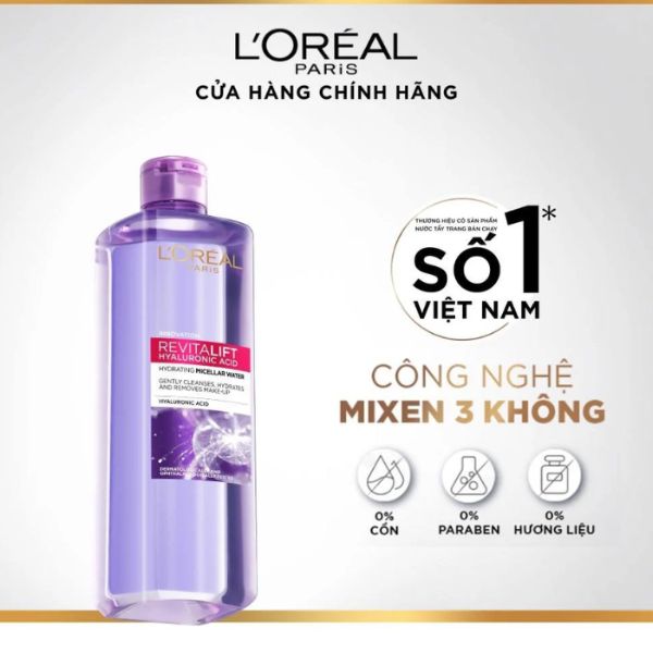Nước Tẩy Trang Loreal Revitalift Hyaluronic Acid Micellar Water Căng Mịn Da 400ml