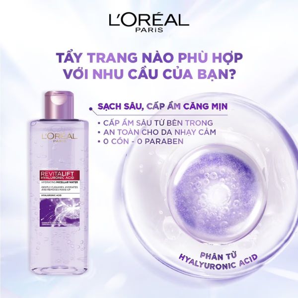 Nước Tẩy Trang Loreal Revitalift Hyaluronic Acid Micellar Water Căng Mịn Da 400ml (Màu tím)