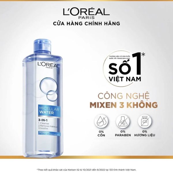 Nước Tẩy Trang L'Oreal Micellar Water 400ml Làm Mát Da Cho Da Dầu/Da Hỗn Hợp (Xanh Dương Nhạt)