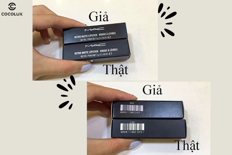 Quan s&aacute;t m&atilde; vạch v&agrave; font chữ l&agrave; c&aacute;ch đơn giản để kiểm tra son MAC auth, h&agrave;ng thật in r&otilde;, đều n&eacute;t, kh&ocirc;ng lem mực