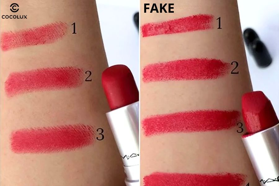 Chất son MAC auth mịn, đều m&agrave;u v&agrave; b&aacute;m tốt, h&agrave;ng fake dễ bị kh&ocirc;, loang m&agrave;u v&agrave; g&acirc;y cảm gi&aacute;c nặng m&ocirc;i khi d&ugrave;ng