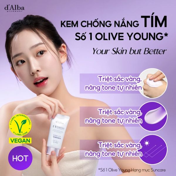 Kem Chống Nắng D’alba UV Essence Waterfull Tone Up Purple Correcting SPF50+ PA++++ 50ml (Tím)