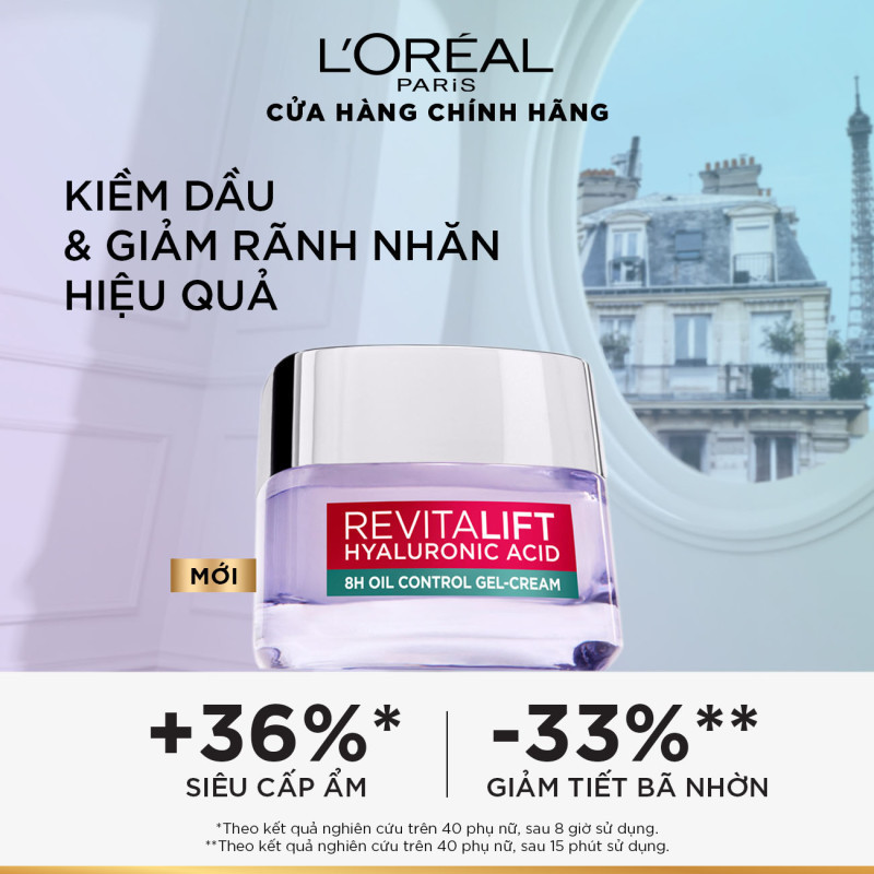 Kem Dưỡng Da L'oréal Paris Revitalift Hyaluronic Acid 8H Oil Control Gel-Cream Cấp Ẩm, Giảm Bóng Nhờn 50ml