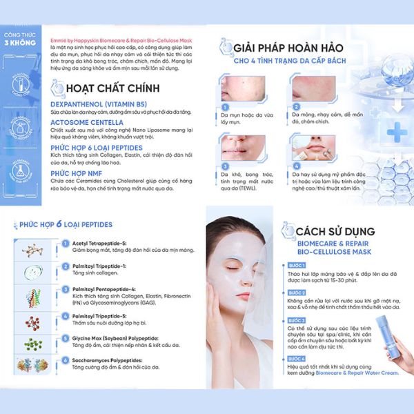 Mặt Nạ Sinh Học Phục Hồi Da Emmié Skin Relief Revitalizing Bio Cellulose B5 + Peptides Complex Mask 25g-- Hộp 10 Miếng