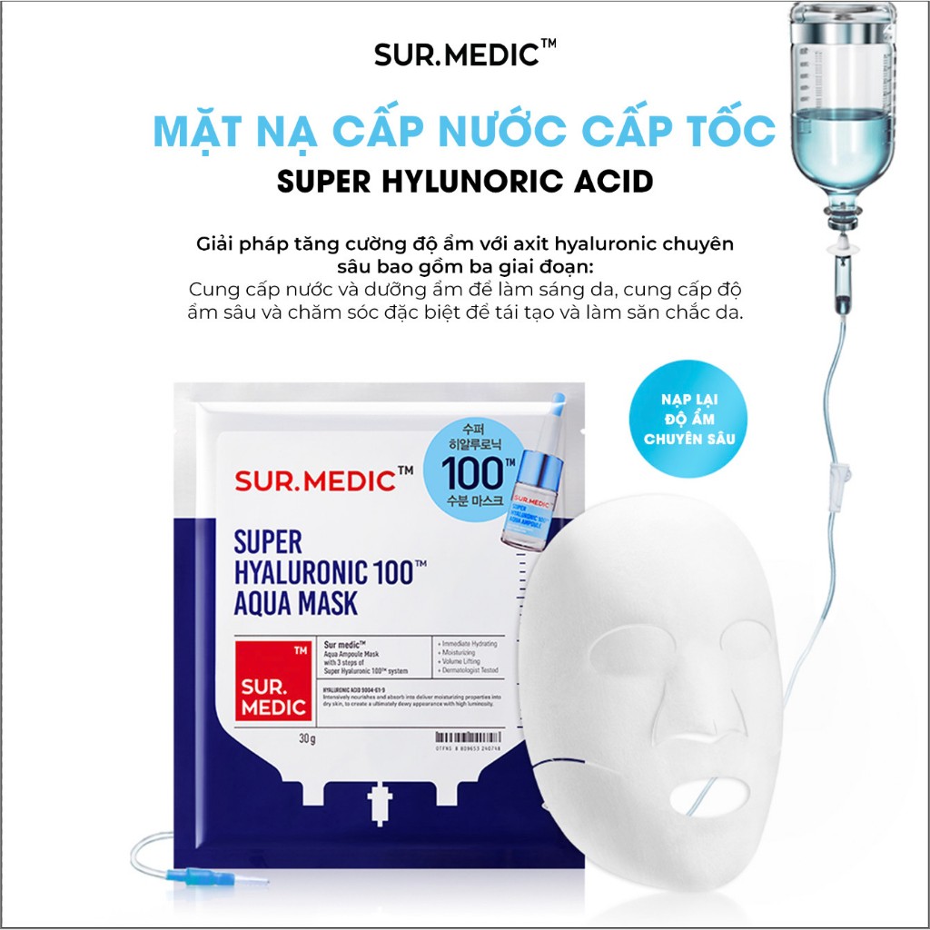 Mặt Nạ Sur.medic+ Super Hyaluronic 100 Aqua Mask 30g 1PCS - Dưỡng Ẩm