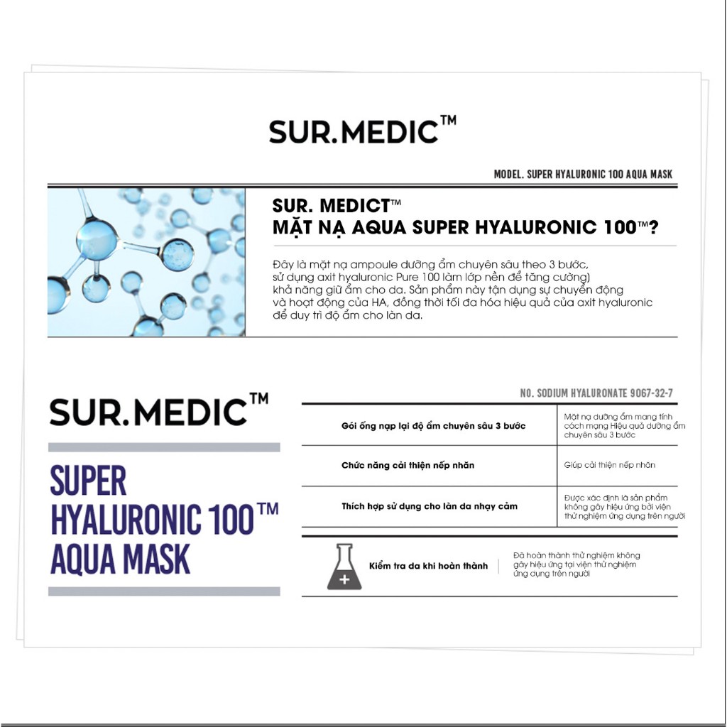 Mặt Nạ Sur.medic+ Super Hyaluronic 100 Aqua Mask 30g 1PCS - Dưỡng Ẩm