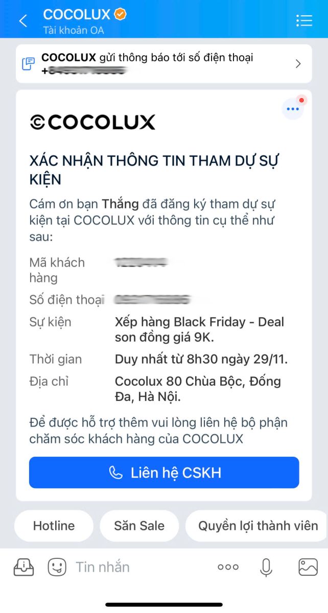 Tin nhắn xác nhận tham gia sự kiện được gửi bởi zalo OA Cocolux đến các khách hàng đăng kí thành công