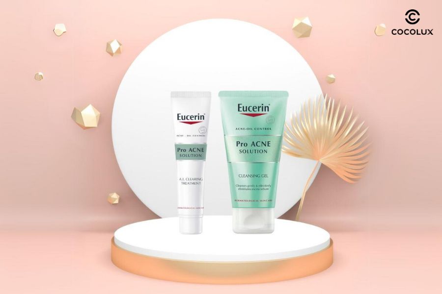 Bộ sản phẩm Eucerin gồm gel rửa mặt và gel giảm mụn