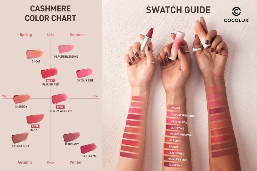 Bảng màu Son Thỏi 3CE Cashmere Hug Lipstick