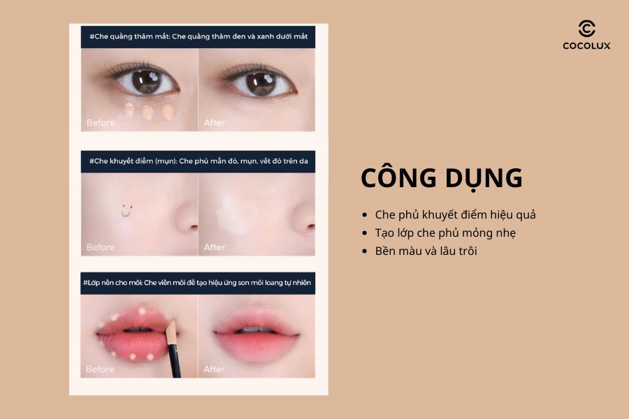 C&ocirc;ng dụng của che khuyết điểm Peripera Double Longwear Cover Concealer