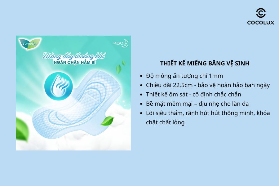 Thiết kế miếng băng vệ sinh của&nbsp;Băng Vệ Sinh Laurier Si&ecirc;u Mỏng M&aacute;t Lạnh 1mm 22.5cm