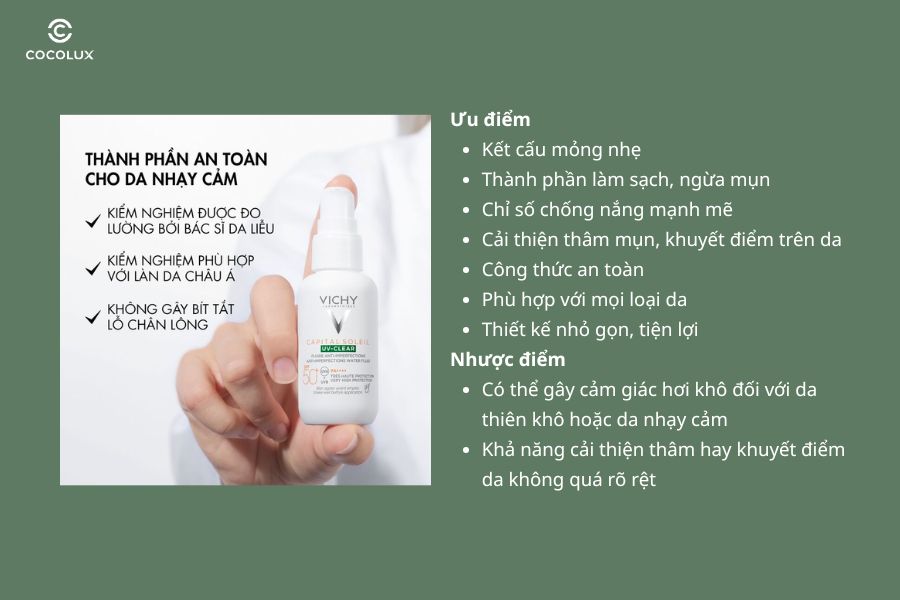 Ưu điểm v&agrave; nhược điểm của&nbsp;Kem Chống Nắng Vichy UV-Clear Anti-Imperfections D&agrave;nh Cho Da Dầu Mụn 40ml