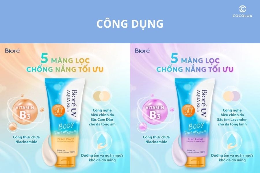 C&ocirc;ng dụng của Dưỡng Thể Biore UV Aqua Rich Body Tone Up Serum N&acirc;ng T&ocirc;ng