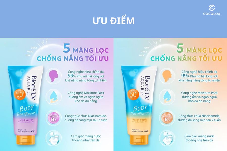Ưu điểm của Dưỡng Thể Biore UV Aqua Rich Body Tone Up Serum N&acirc;ng T&ocirc;ng