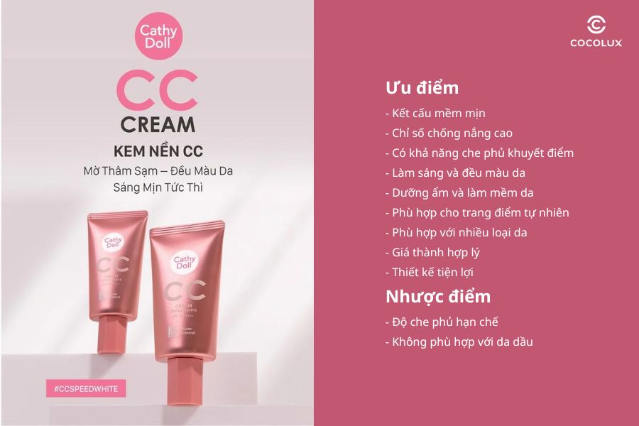 Ưu điểm, nhược điểm của kem nền Cathy Doll Speed White CC Cream SPF50+ 50ml