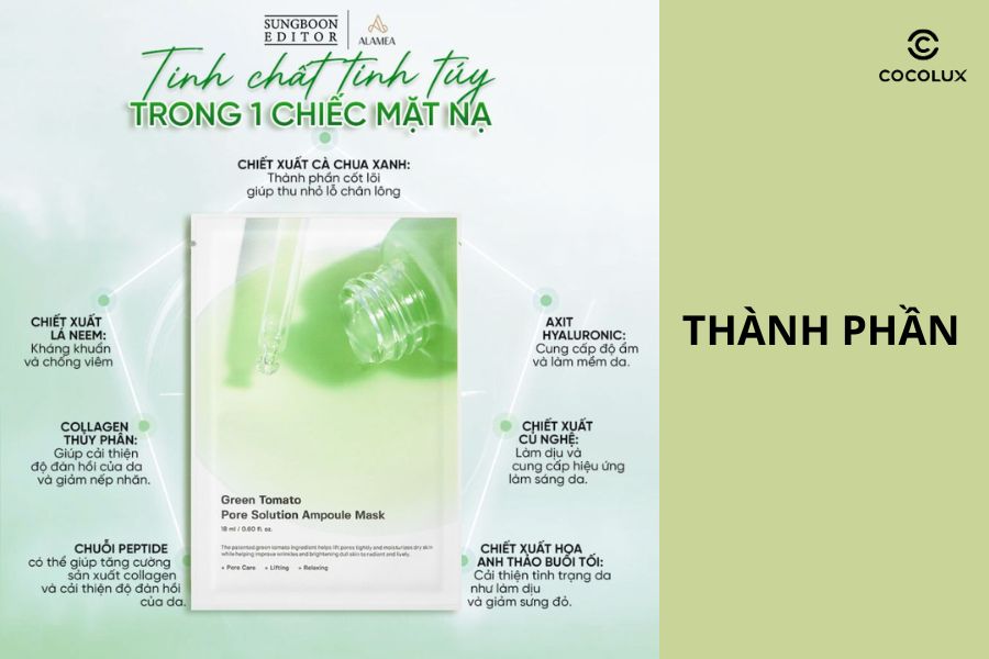 Th&agrave;nh phần ch&iacute;nh của mặt nạ Sungboon Green Tomato Pore Solution Ampoule Mask
