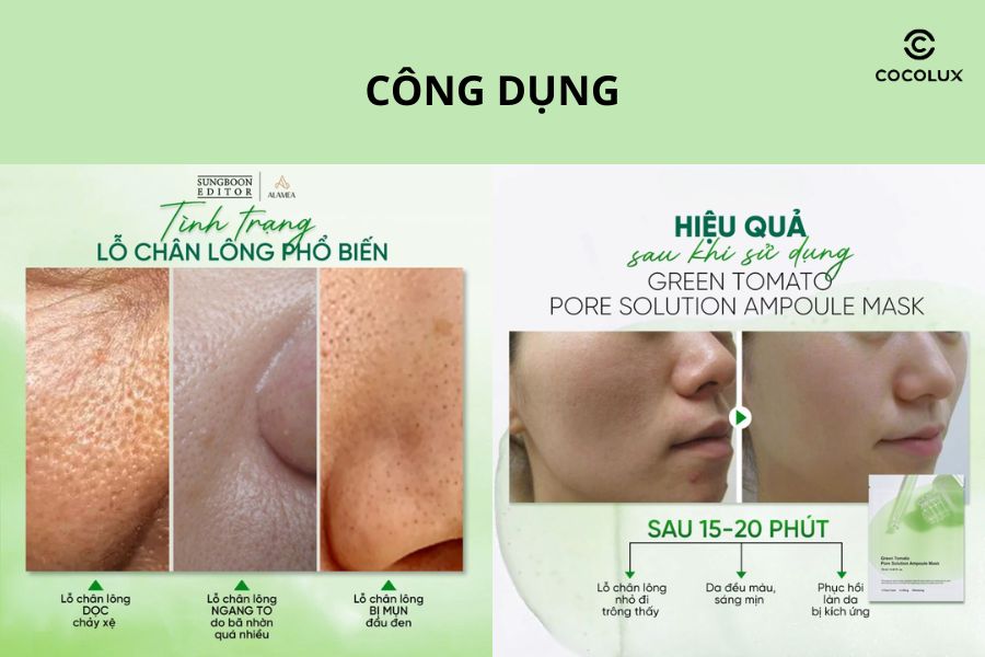 C&ocirc;ng dụng v&agrave; hiệu quả của mặt nạ Sungboon Green Tomato Pore Solution Ampoule Mask