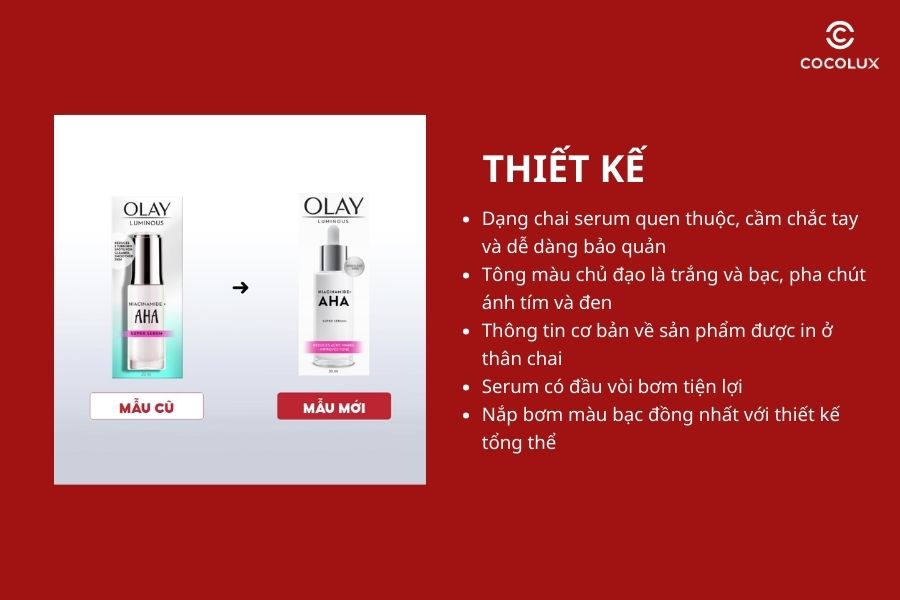 Thiết kế của Serum Olay Luminous Niacinamide AHA Dưỡng Sáng Da Mờ Thâm Mụn 30ml