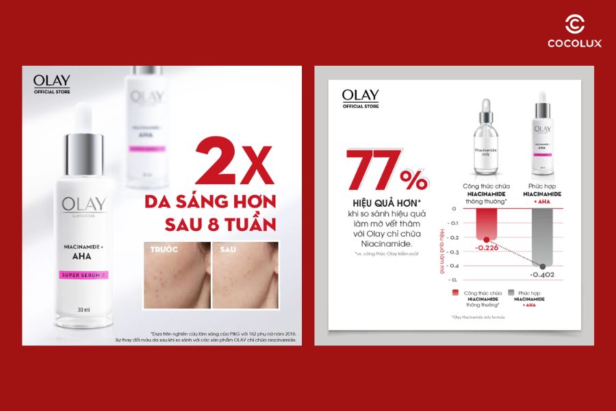 Serum Olay Luminous Niacinamide AHA Dưỡng Sáng Da Mờ Thâm Mụn 30ml đem đến hiệu quả rõ rệt trên da