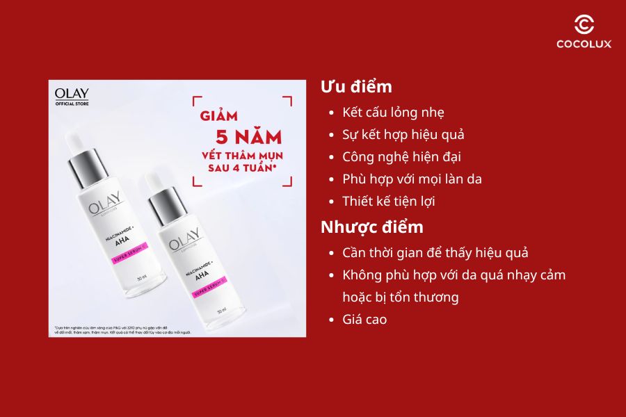 Ưu điểm và nhược điểm của Serum Olay Luminous Niacinamide AHA Dưỡng Sáng Da Mờ Thâm Mụn 30ml