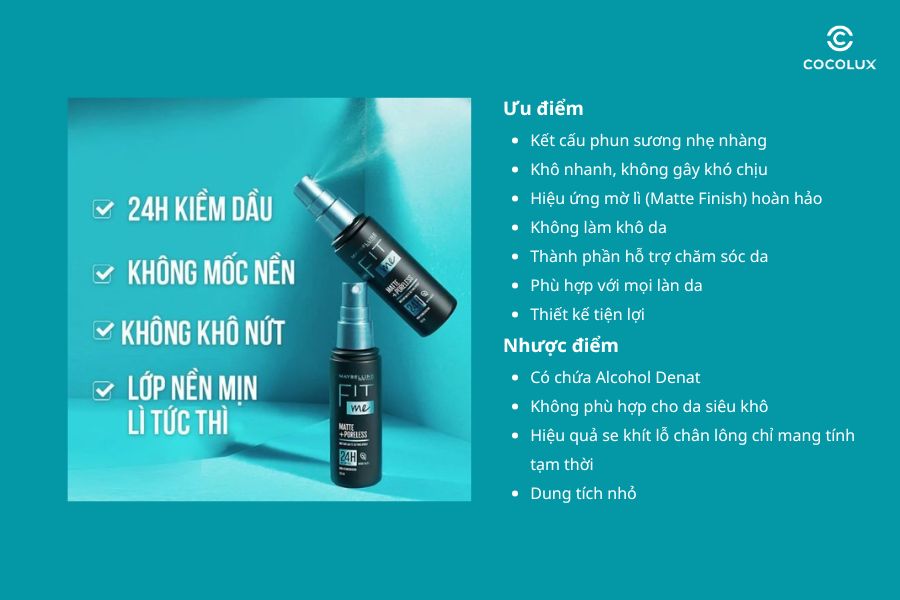 Ưu điểm và nhược điểm của xịt khoá nền cố định trang điểm Maybelline Fit Me Matte + Poreless Setting Spray 60ml