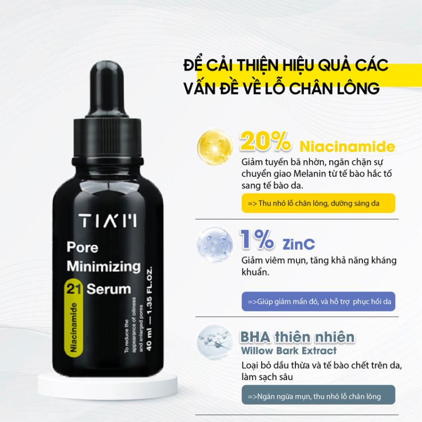 Serum Tia'm Tiam Pore Minimizing 21 Niacinamide 1% Zinc BHA 40ml - Đen