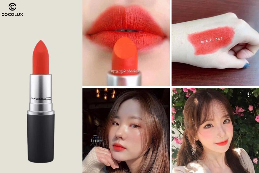 MAC Matte 303 Style Shocked đỏ cam tươi trẻ, chất son l&igrave; mịn, b&aacute;m m&agrave;u tốt cả ng&agrave;y