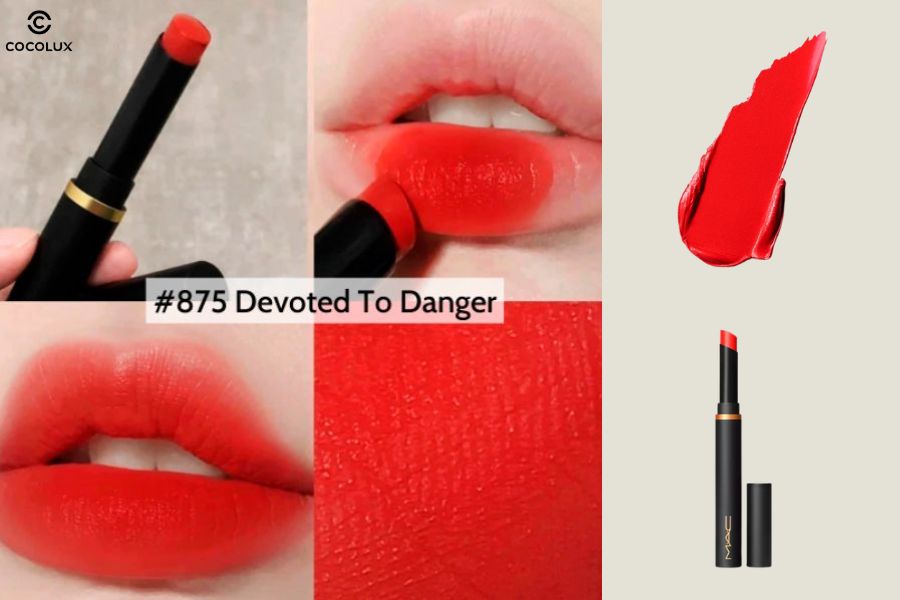 MAC Powder Kiss 875 Devoted To Danger với thiết kế thon gọn, hiệu ứng blur căng mọng, l&ecirc;n m&agrave;u chuẩn