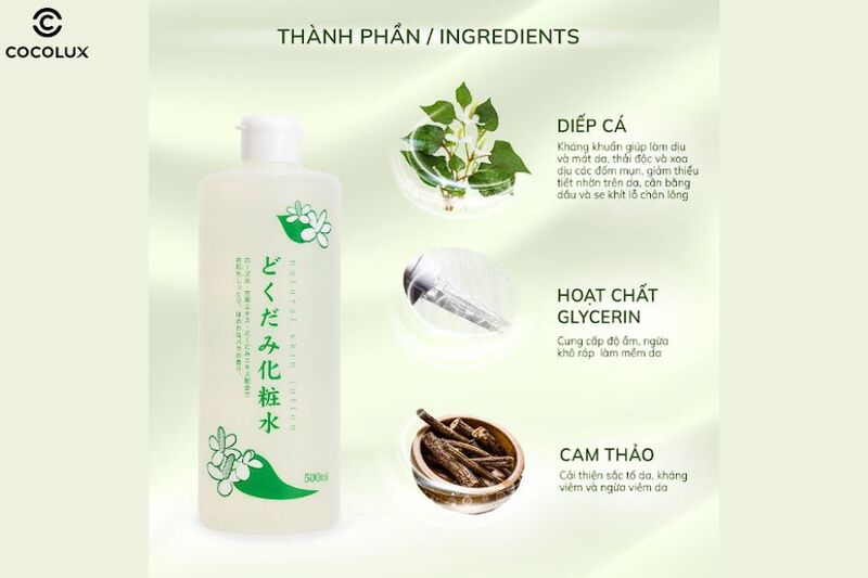 Thành phần chính của nước hoa hồng Dokudami Natural Skin Lotion diếp cá ngăn ngừa mụn