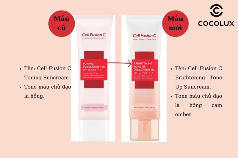 Thiết kế bao bì của kem chống nắng Cell Fusion C màu hồng mẫu cũ và mới