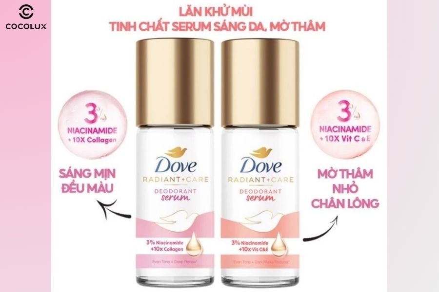 Thiết kế bao bì của lăn khử mùi Dove 3% Niacinamide +10x Collagen 