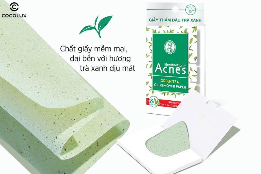 Thiết kế của giấy thấm dầu Acnes trà xanh Green Tea Oil Remover Paper 