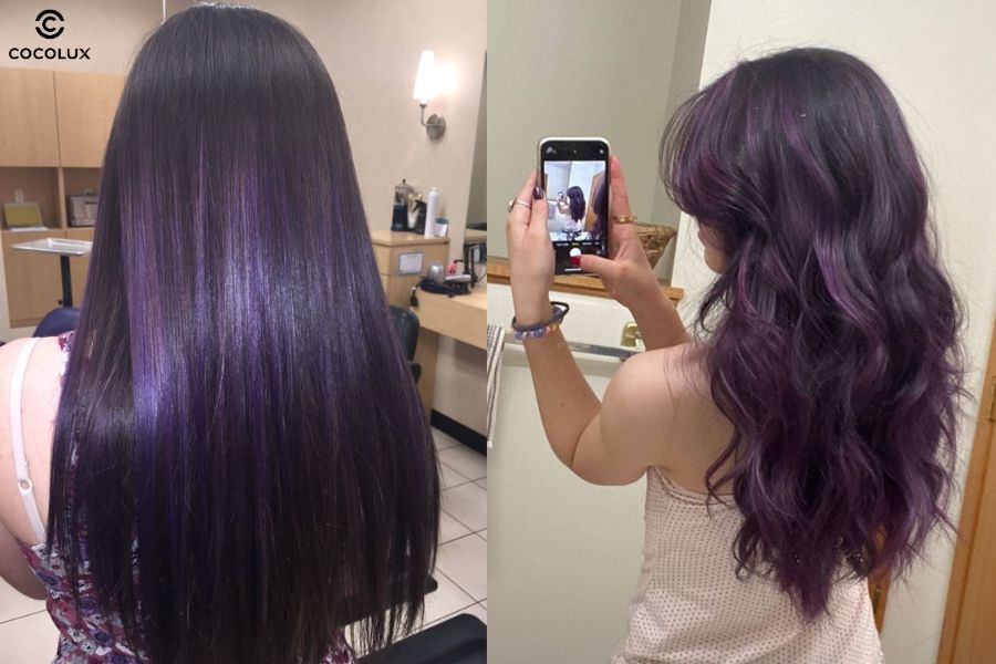 Highlight đỏ giúp tăng điểm nhấn cho mái tóc tím đen thêm phần rực rỡ