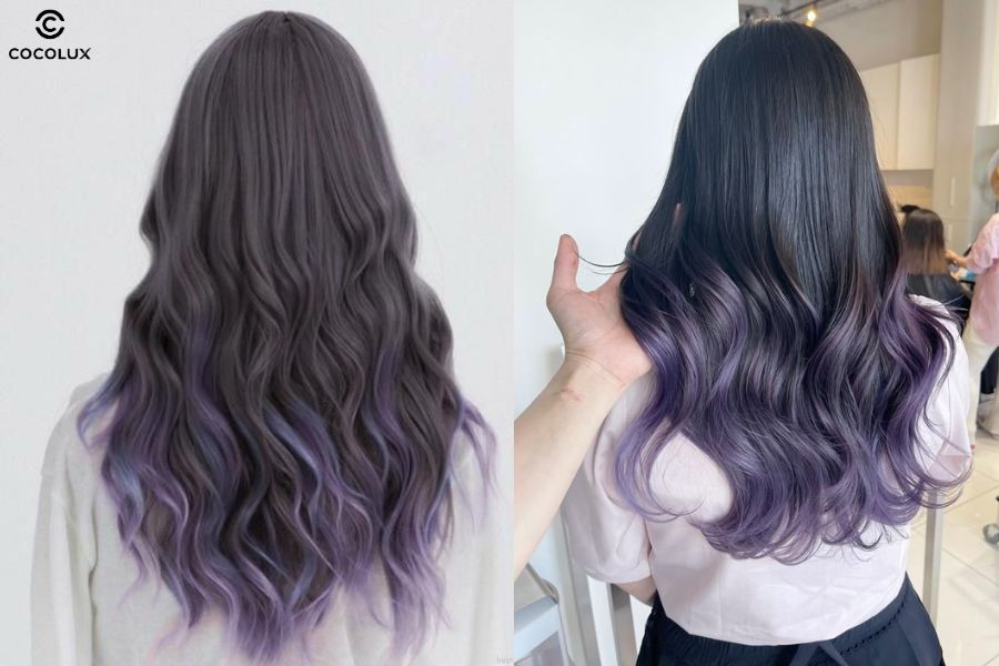 Highlight pastel nhẹ nhàng giúp tóc tím đen thêm phần tinh tế và dịu dàng