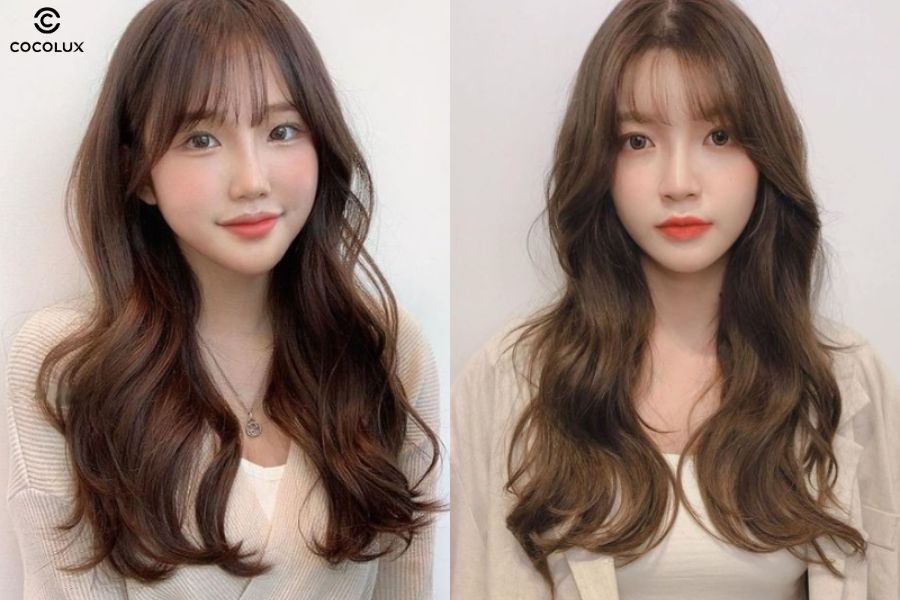 Tóc uốn đuôi cụp nhẹ kết hợp mái thưa mang đến diện mạo dịu dàng, chuẩn style Hàn