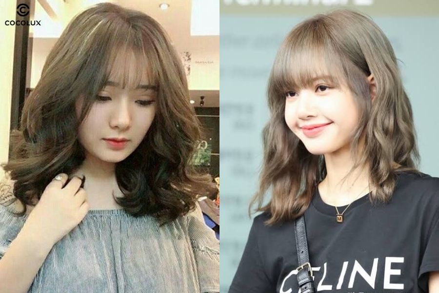 Mái bằng dễ thương phối hợp tóc xoăn lơi giúp che trán khéo léo, phù hợp học sinh, sinh viên