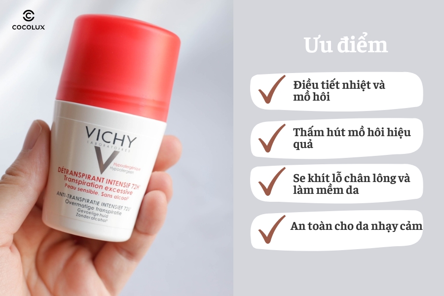 Lăn khử m&ugrave;i Vichy Diệt Khuẩn Detranspirant Intensif 72H c&oacute; nhiều ưu điểm nổi bật