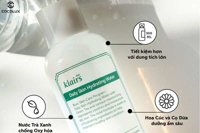 Ưu điểm của Nước Hoa Hồng Klairs Trà Xanh Cấp Ẩm Làm Dịu Da Daily Skin Hydrating Water 500ml 