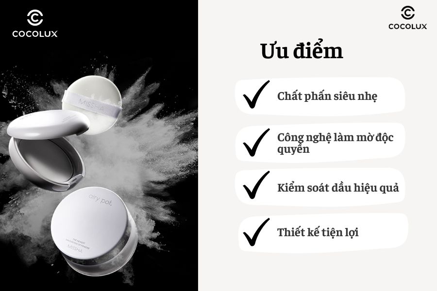 Ưu điểm của Phấn Phủ Missha Airy Pot Powder Dạng Bột Kiềm Dầu, Thoáng Khí 9g