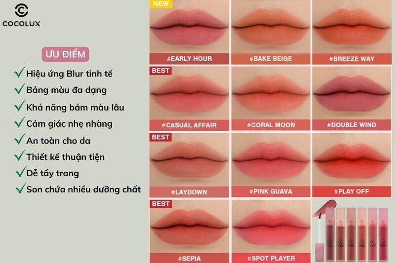 Ưu điểm của son kem 3CE Blur Water Tint 