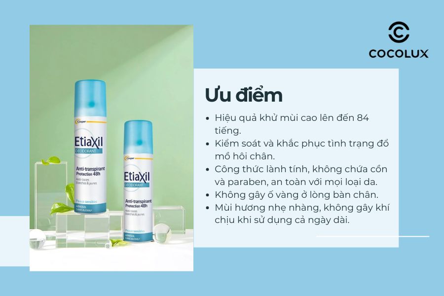 Ưu điểm Xịt Khử Mùi EtiaXil Ngăn Mồ Hôi & Giảm Mùi Hôi Chân 100ml